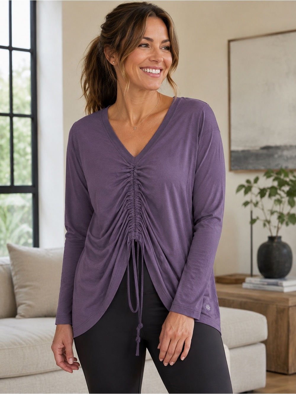 Athleta Women's Purple Ruched V-Neck Long Sleeve Top Athleisure, Sport, Flowy